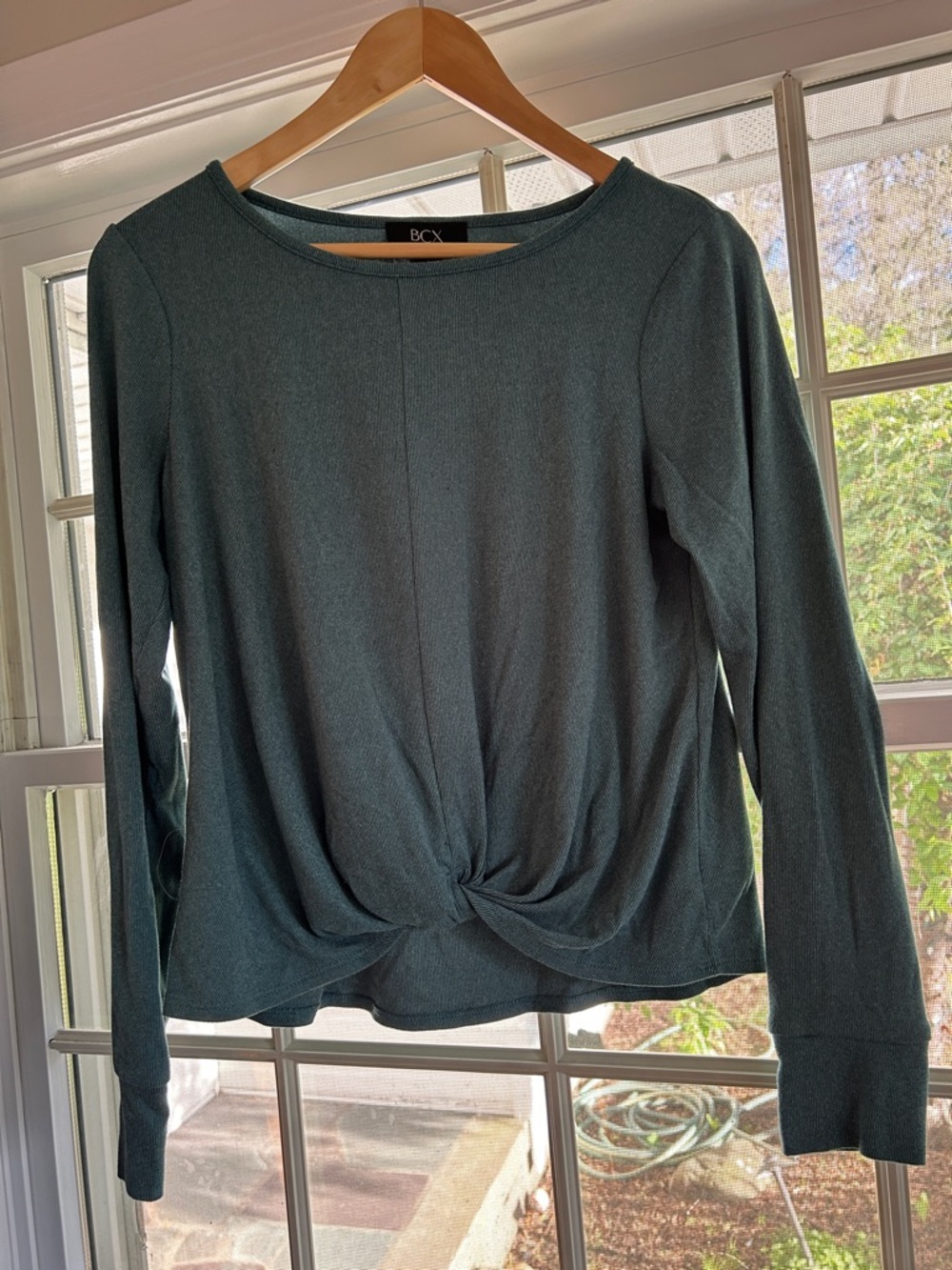 BCX Long Sleeve Twist Front Top in Teal Green